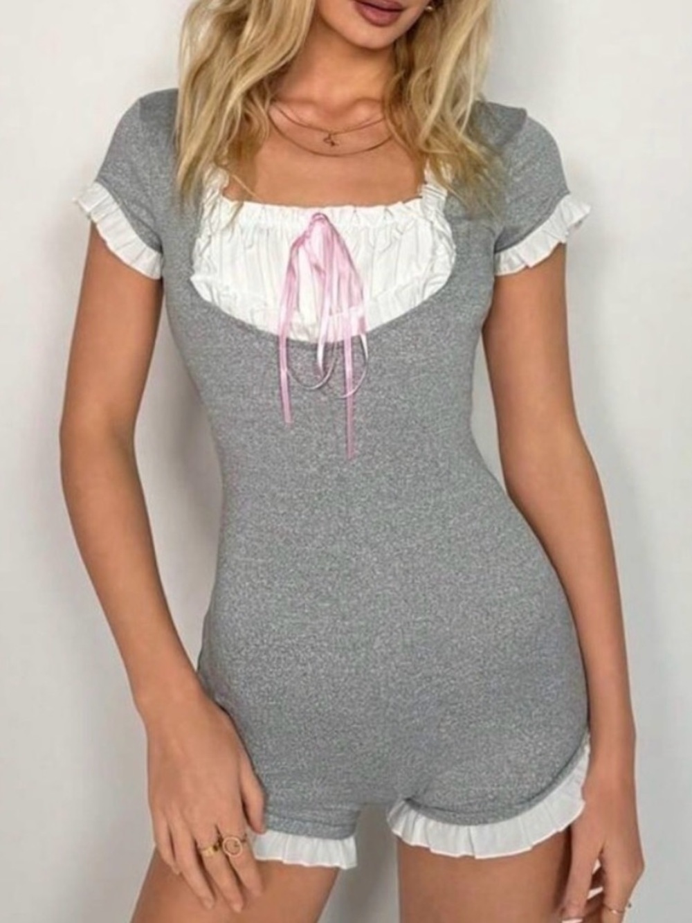 Stretchy unitard, ruffle hem, pull up, grey and white, sz L, NWOT
